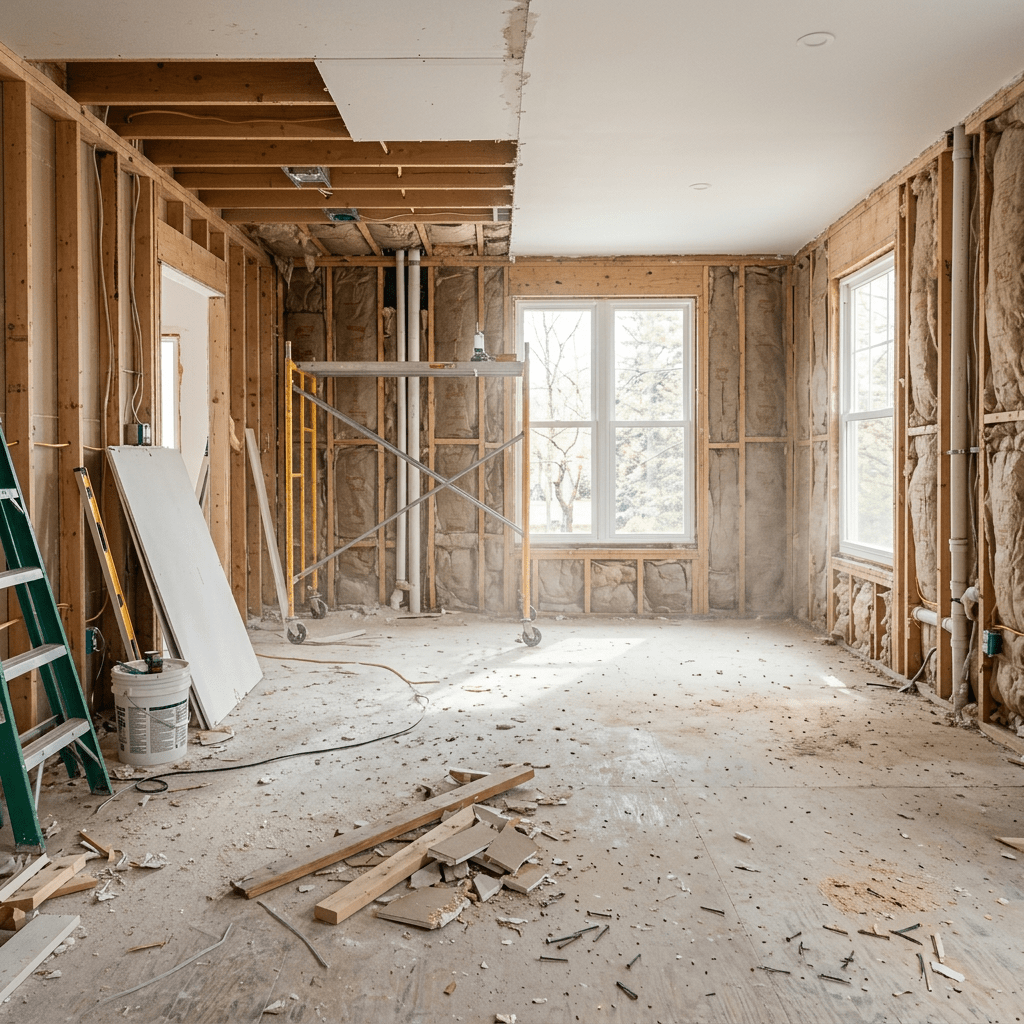 Half of the image shows a man working on home renovations with exposed walls and construction tools, the other half shows a woman relaxing on a furnished living room couch.