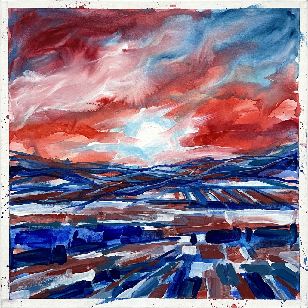 Abstract painting of a sunset with red, blue, and white brushstrokes forming sky and landscape