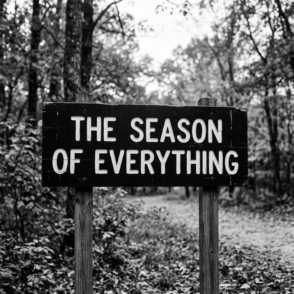 Wooden forest sign reading “THE SEASON OF EVERYTHING”