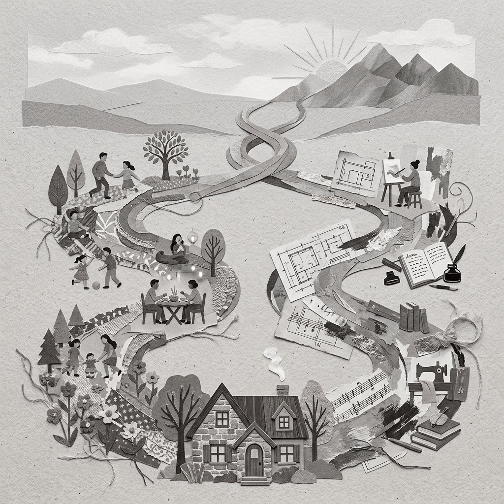 Collage of a winding path connecting family, creative work, music, and home