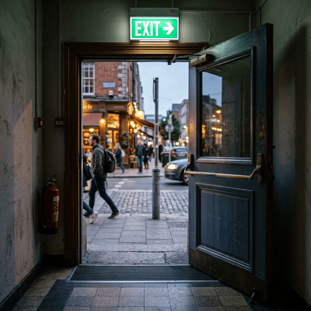 Open doorway with illuminated EXIT sign overlooking a busy city street