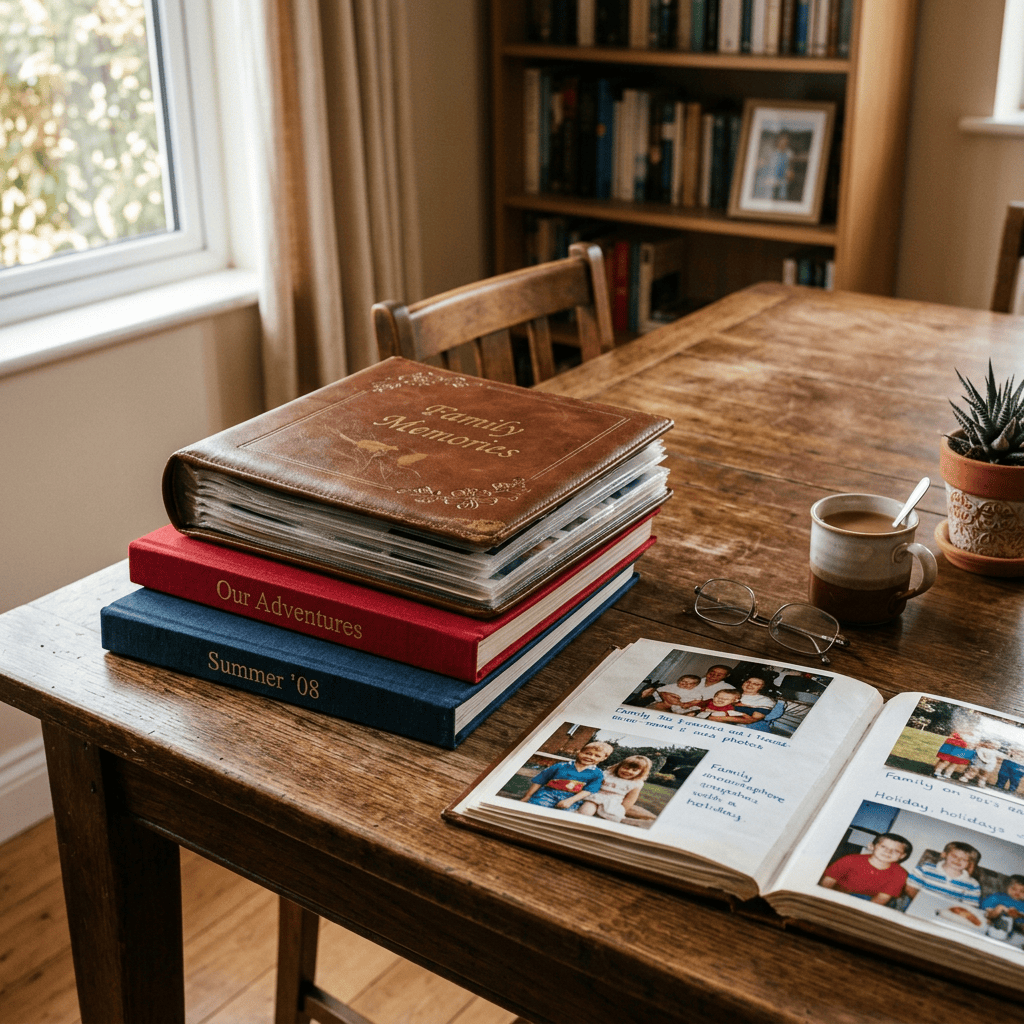 Photo albums arranged on a table